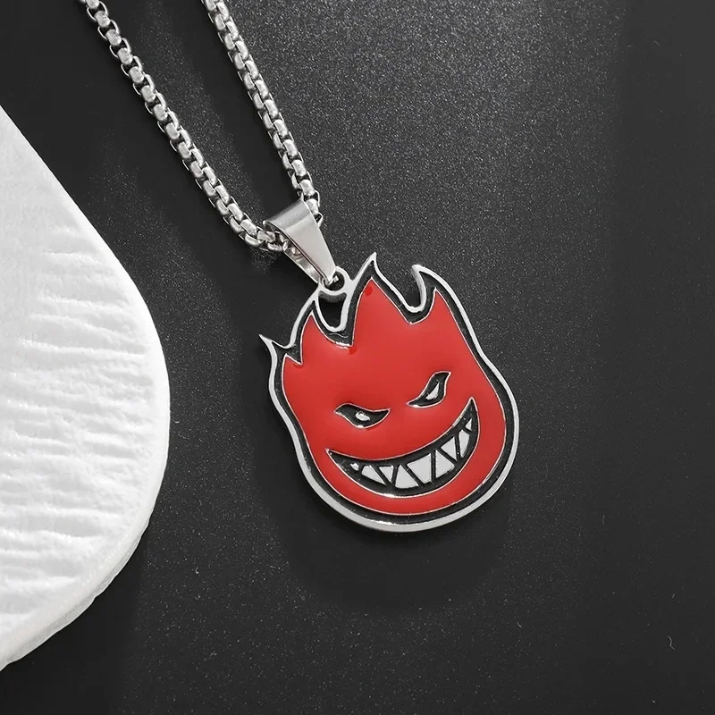 Stainless Steel Flame Little Devil Pendant Necklace Men's Classic Hip-Hop Street Personality Trend Jewelry Gift