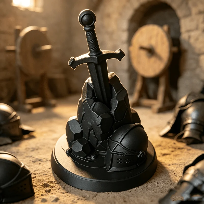 Medieval Stone Sword Knight Helmet Ornament Statue, Warrior desktop Decoration Fantasy Sculpture