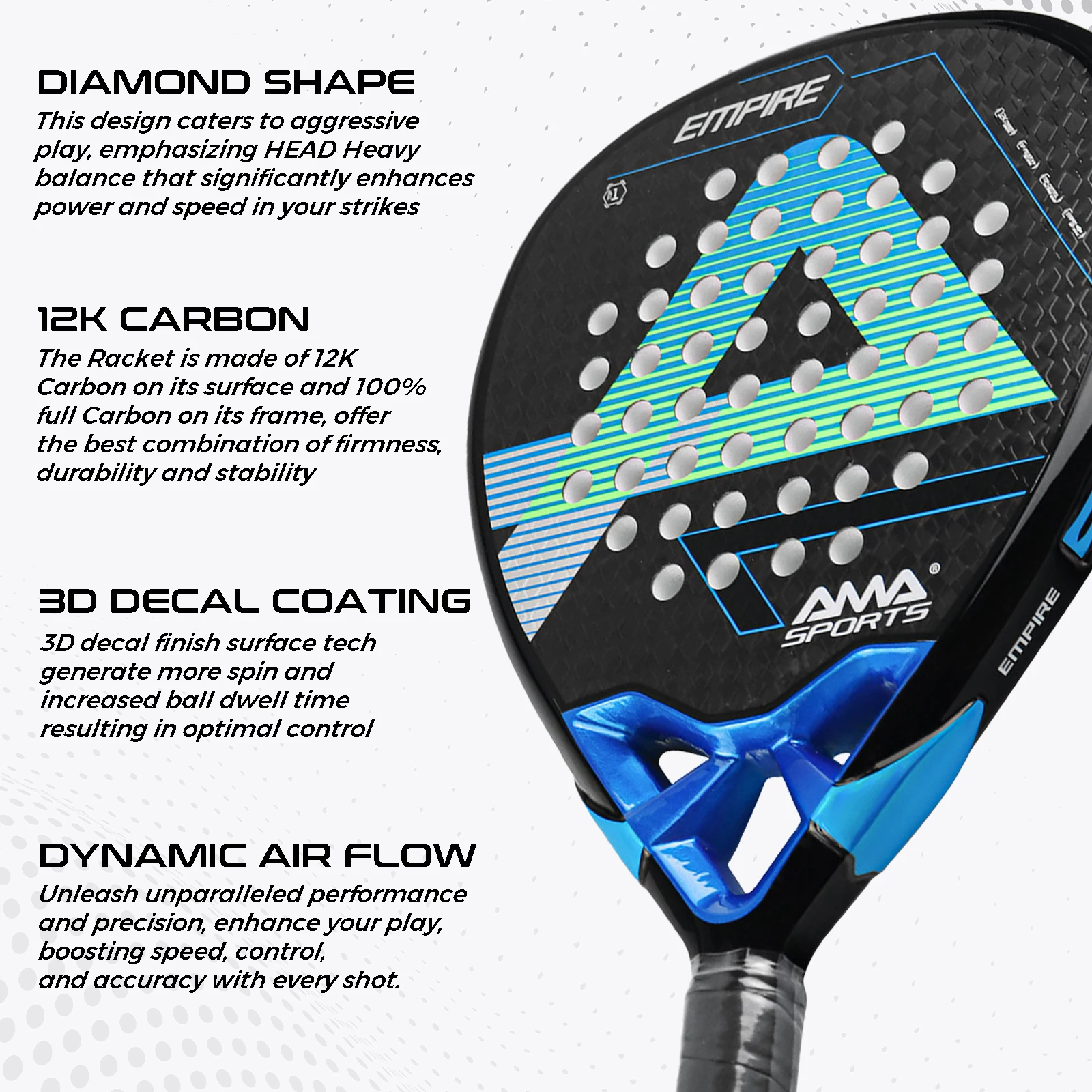 AMA SPORT Paddle Racket 12k Carbon Fiber Professional Soft Memory Foam High Balance Ultra Light Padel Racquet