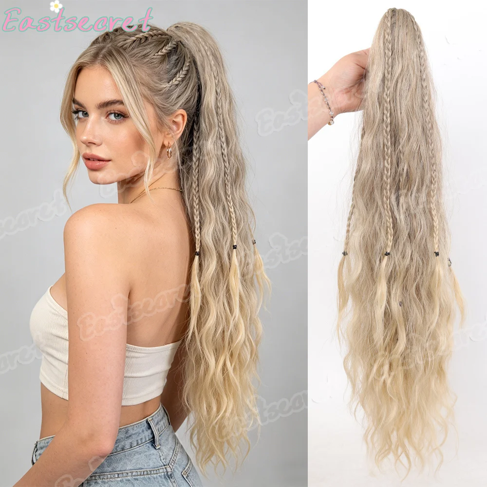 Synthetic Water Wave Claw Clip 26 Inches Blonde Heat Resistant Fiber Fluffy Messy Small Braids Ponytail Hair Extensions For Wome