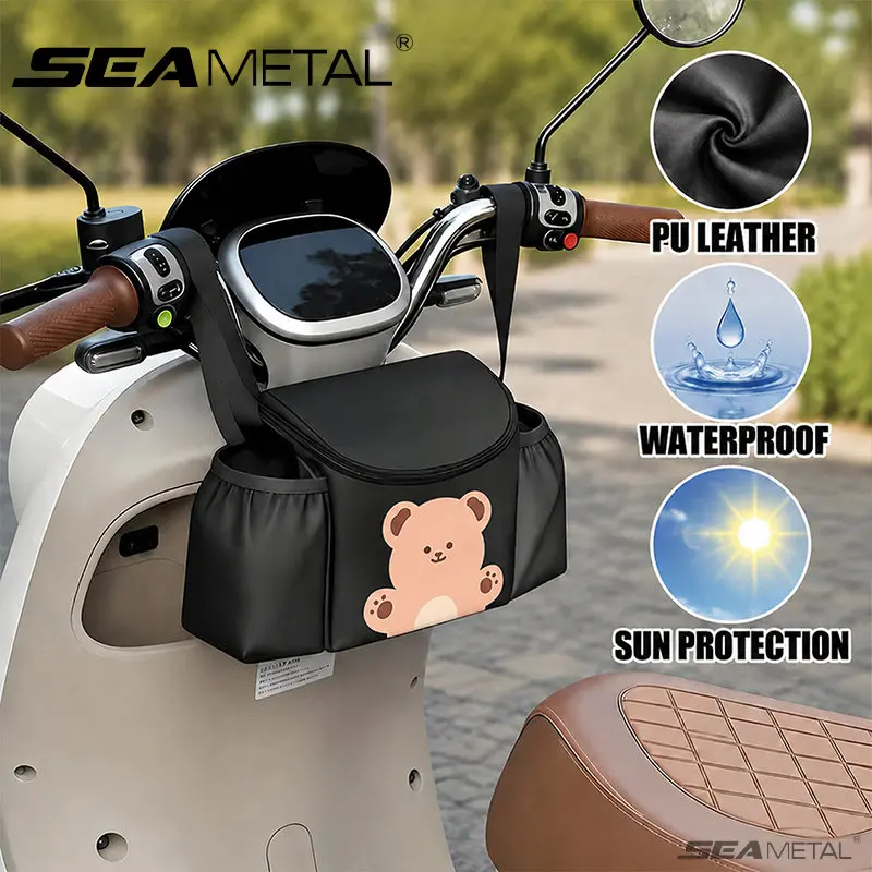 SEAMETAL Electric Scooter Handlebar Bag Waterproof PU Leather Motorbike Hanging Organizer Dual Side Pockets Baby Stroller Bag