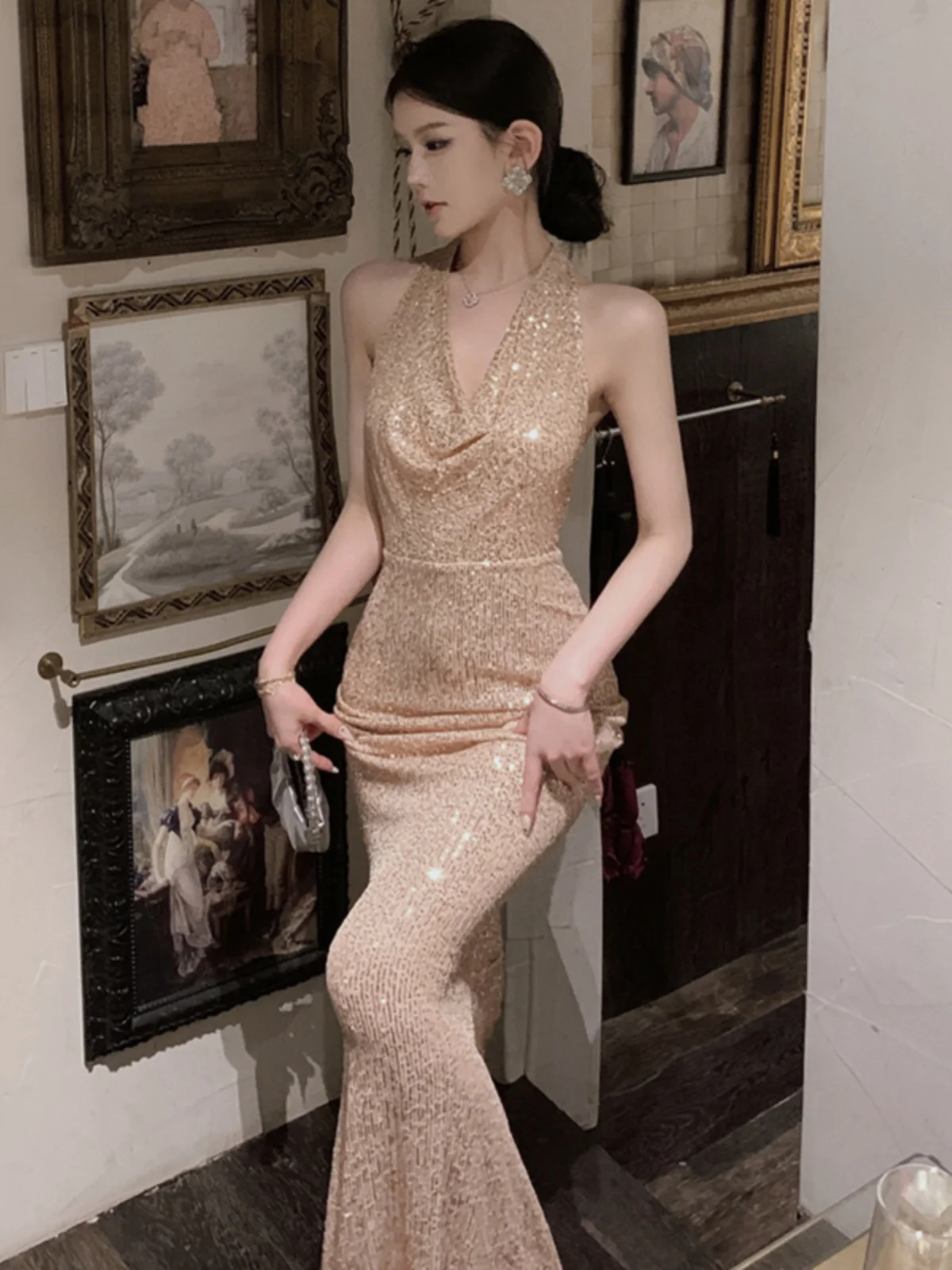 E Vestido de Noche con Lentejuelas para Mujer, Sensación de Alta Gama, Traje de Fiesta, Vestido Largo hasta el Suelo, ...