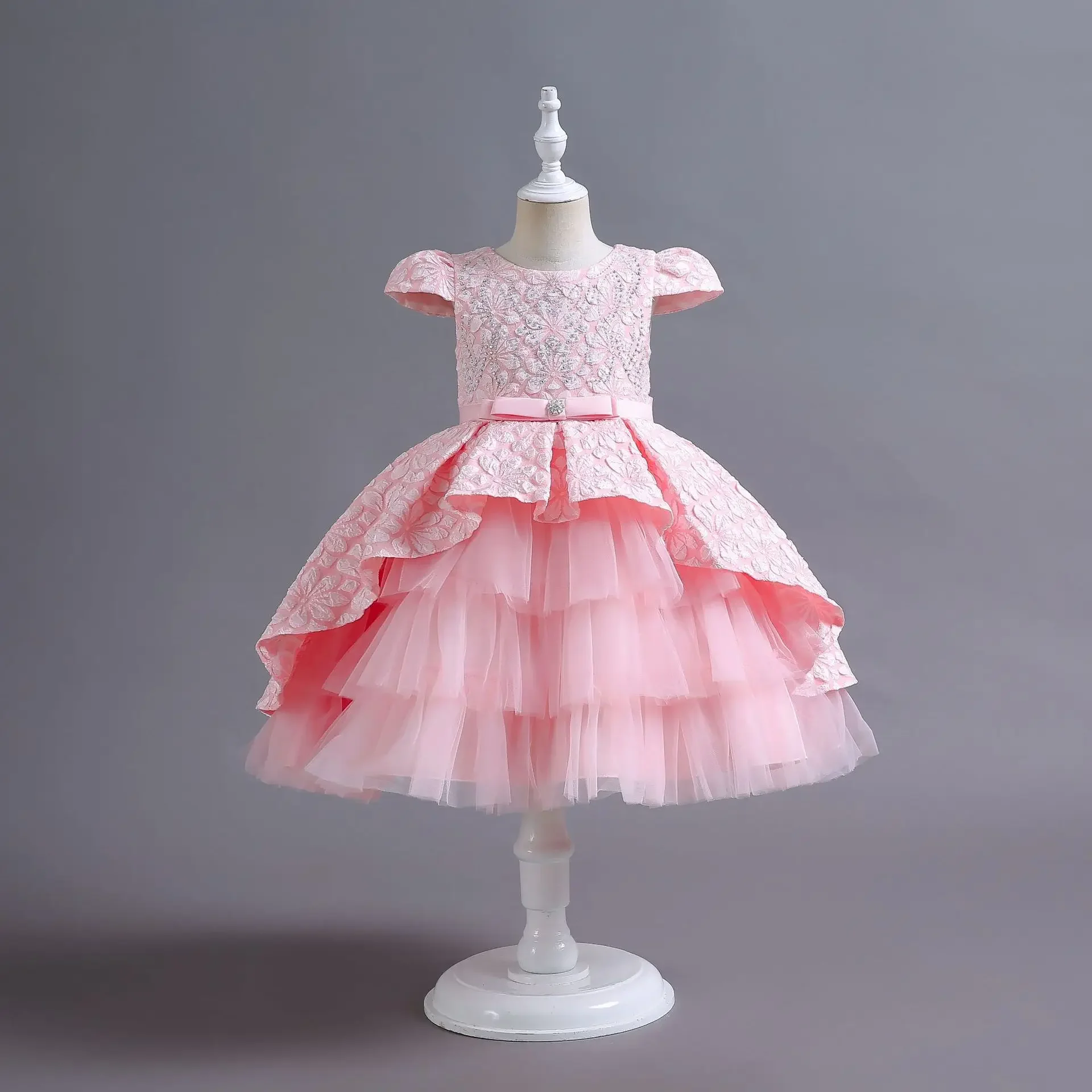 

Retro Floral Baby Girls Princess Ball Gown Layers Mesh Party Dress For Brithday Wedding Christmas Kids Children Clothes 4 8 12Y