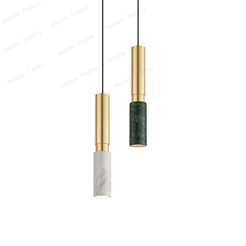 modern Long tube marble hanging Yellow Travertine Black Hole Stone chandelier lamps led suspension dining table pendant light