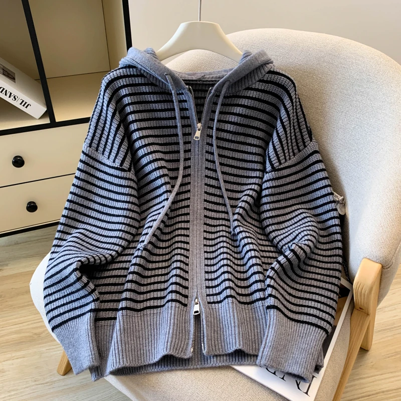 

Модный полосатый вязаный свитер с капюшоном, кардиган, бежевый, серый, повседневный, на молнии, с длинным рукавом, весна-осень, новый женский трикотаж Sueter Mujer
