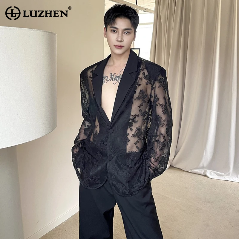 

LUZHEN Personalized Trendy Jacquard Translucent Design Blazers Original New Stylish Street High Quality Men Suit Jackets LZ3995