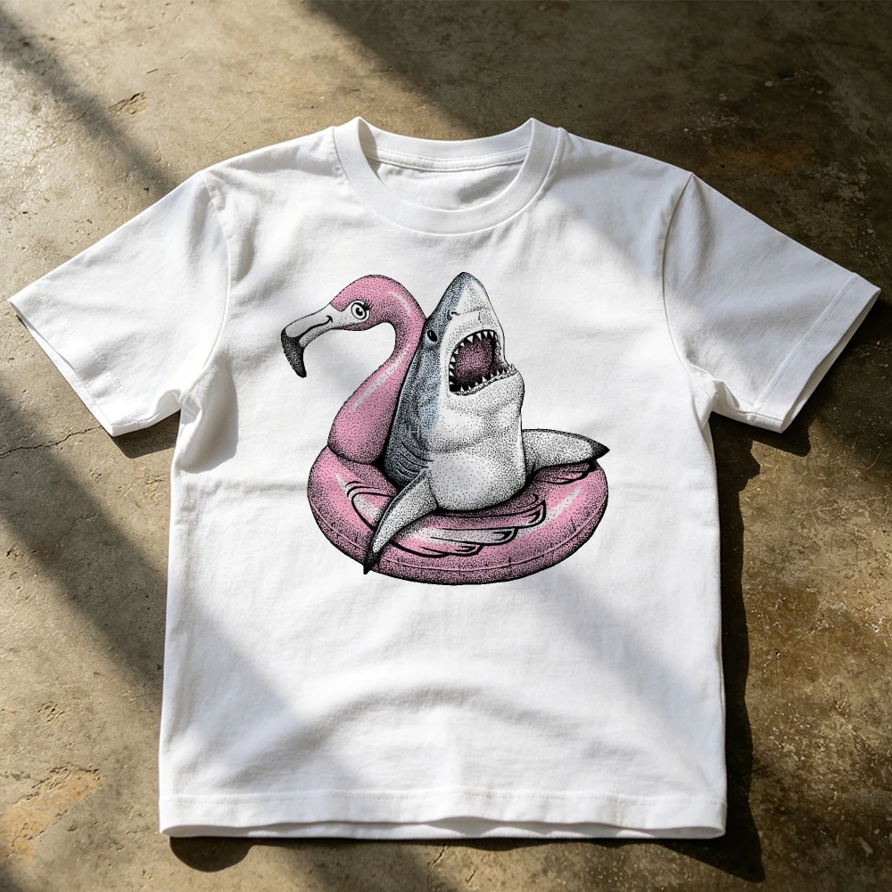 Funny Shark on Pink Flamingo Pool Float Graphic Men Humor Summer T Shirt Beach Vacation Fun Novelty Top Cute Sea Animal Art Tees