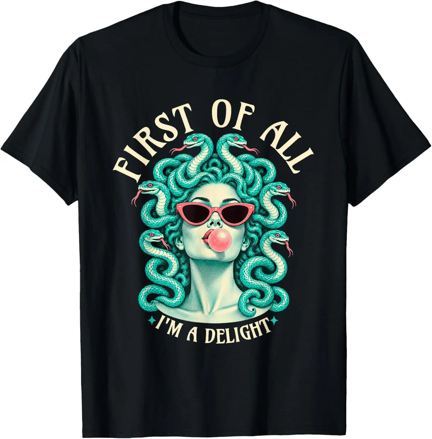 Women Feminist First Of All I'm A Delight Medusa T-Shirt Unisex Holiday Theme Graphic Print T‑Shirt Halloween Christmas Thanksgiving Festive Party Short Sleeve Cotton Tee Tops Men Women.