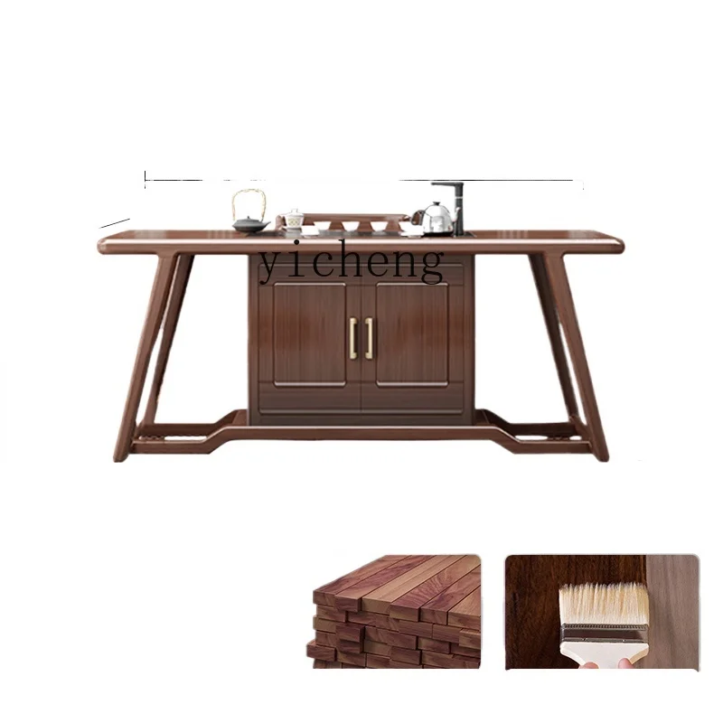 

ZC Solid Wood Table-Chair Set Walnut New Chinese Suit Integrated Table Office Tea Table Table