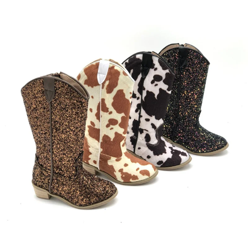 Unishuni – bottes de Cowboy avec fermeture éclair pour fille, chaussures à talons hauts et paillettes scintillantes, à la mode, printemps-automne