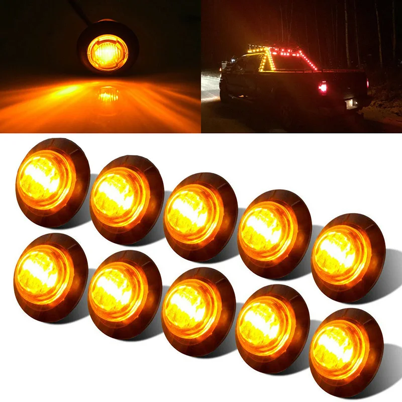 1X 3/4" Ambra Giallo Piccole luci di posizione laterali rotonde 3LED Lampade a bottone Camion 12V