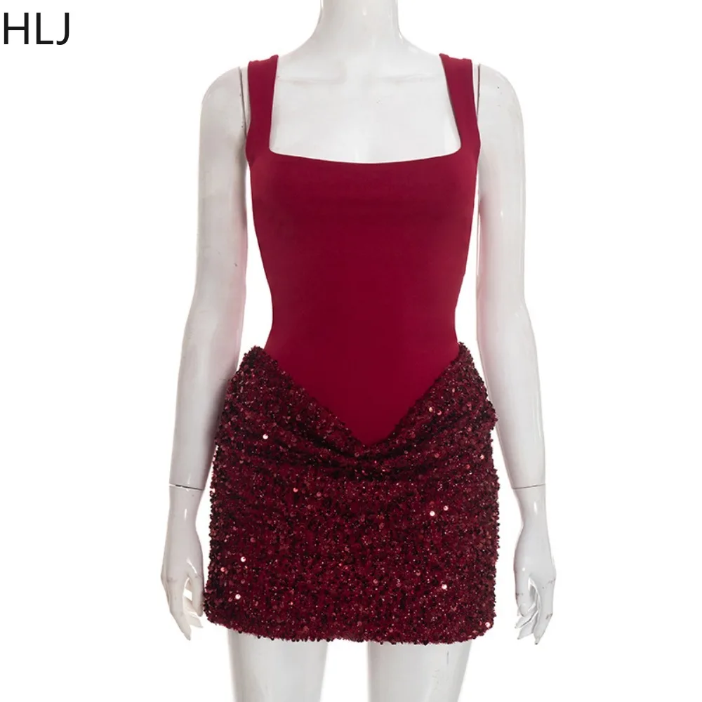 HLJ 봄 섹시 스팽글 패치워크 바디콘 드레스 여성 스파게티 스트랩 민소매 백리스 드레스 여성 파티 클럽웨어 베스티도스