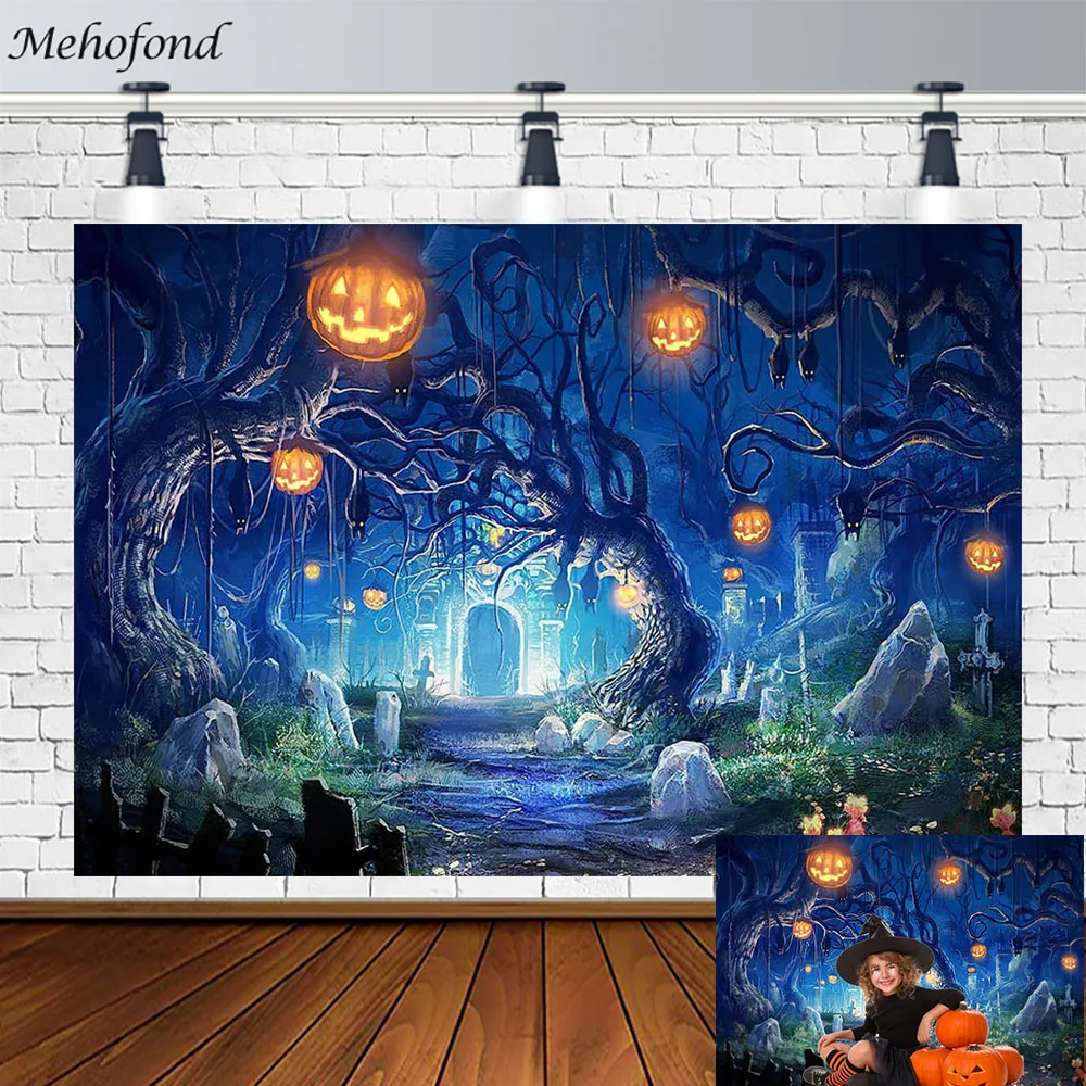 Mehofond Halloween Decoration Backdrop Magic Study Outdoor Night Pumpkin Lantern Children Portrait Photography Photo Studio