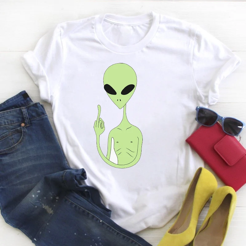 Women UFO Alien Cartoon Cool Funny Clothing Print Ladies Summer T Tee  Nice Top Shirt Pretty Tshirt Womens Graphic T-shirt