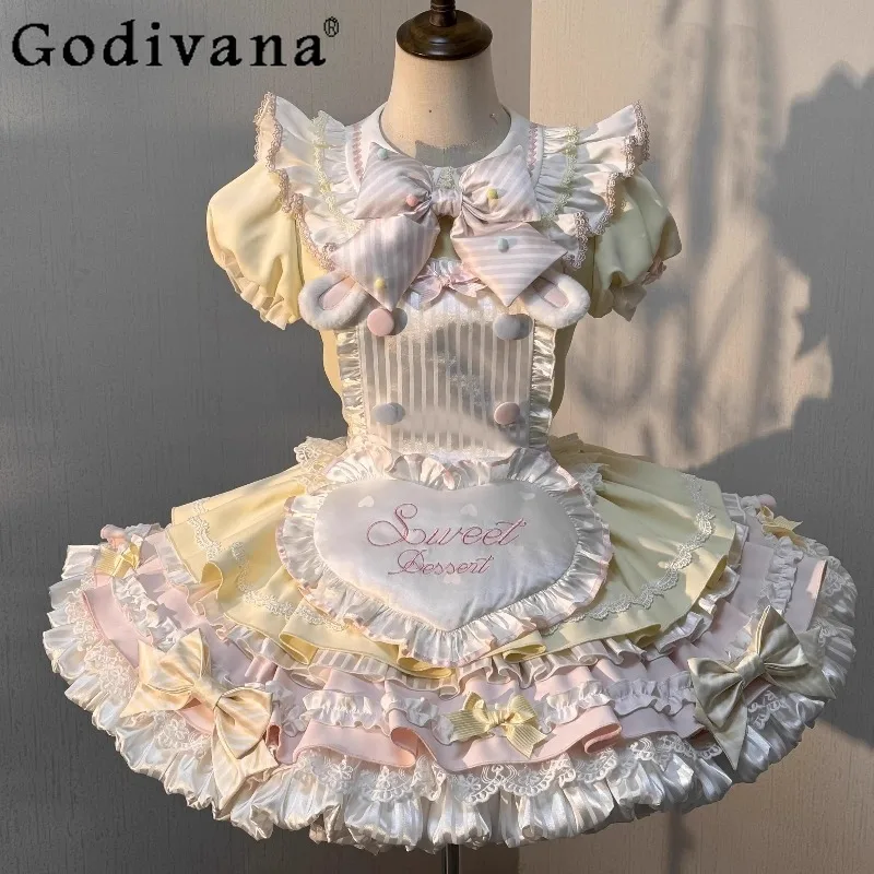 

Cute Lolita Dress Two Piece Set Women's Sweet Bunny Cute OP Apron Dress Female Summer Double Layer Bow Princess Dress