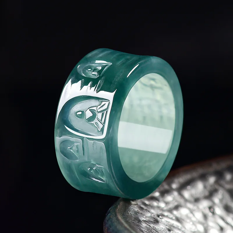 Natural Jade A Grade Blue Water Dunhuang Mogao Grottoes Nirvana Formless Buddha Ring Fashionable Men and Women Couples Gift