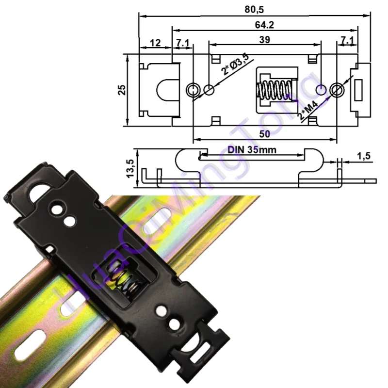 C45/DIN 35mm rail buckle-small size Iron buckle 4 holes -80.5 long, suitable for relay, switch installation