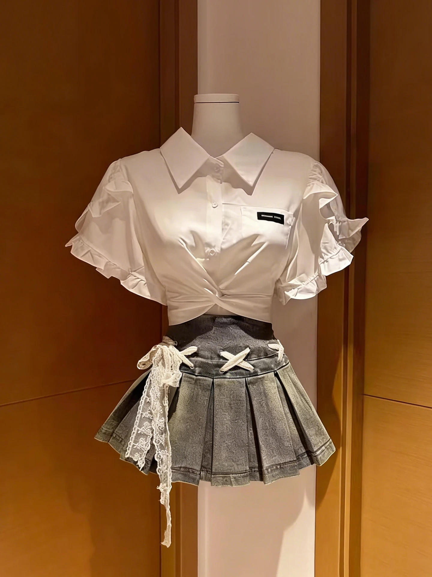 

Korean College Style White Neck Short Sleeve Shirt Women's Denim Skirt Summer 2026 Trendy Outfit Set Bubble Sleeve ...