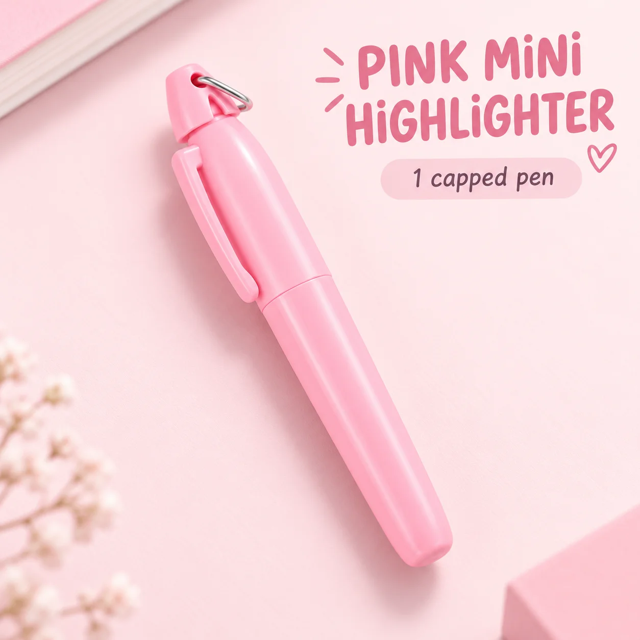 1 Pink Mini Chisel Highlighter with Clip Cap and Triangular Metal Ring
