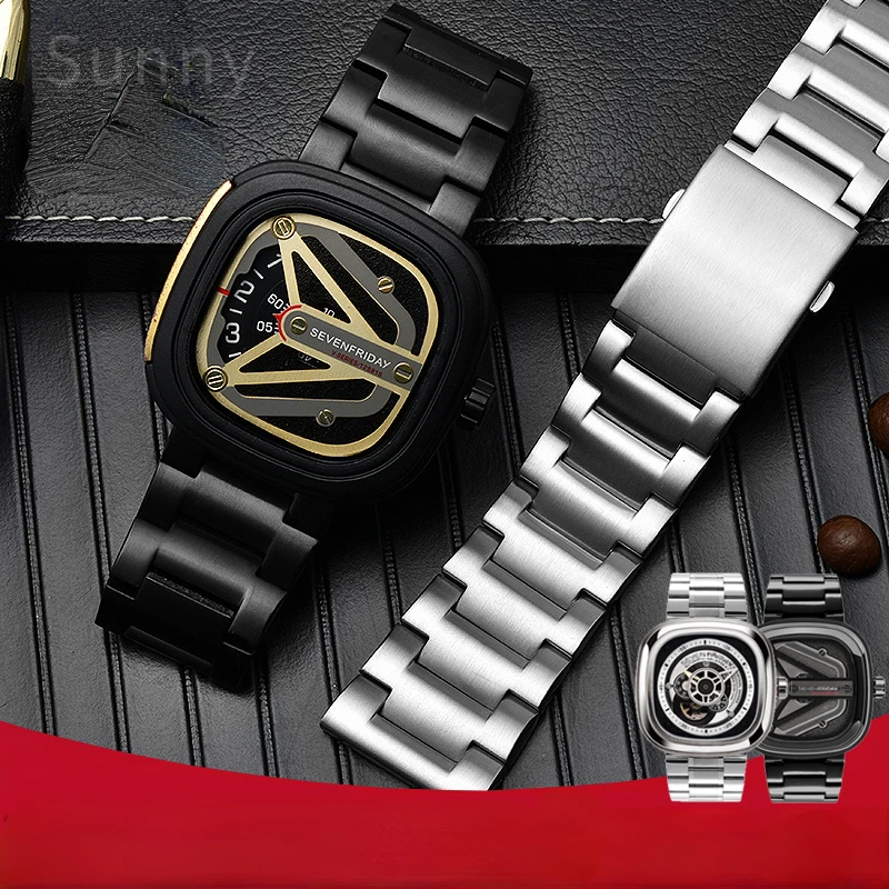 Cinturino per orologio in acciaio inossidabile per cinturino Seven Friday M2/Q201/02/03 Bracciale per orologio da uomo in acciaio massiccio nero 28 mm
