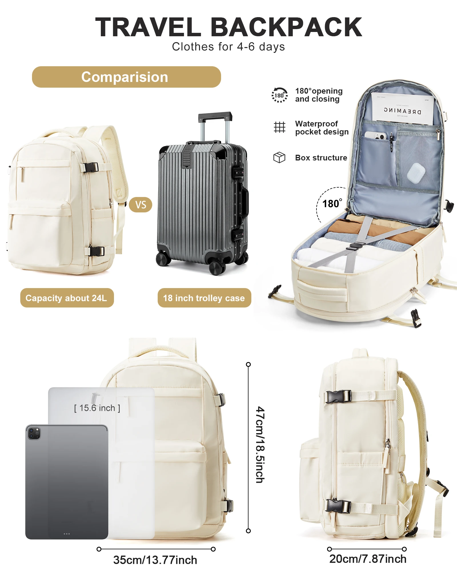 Cabin bag, 47*35*20 size, travel backpack, short business travel backpack, large capacity college student computer bag，beige