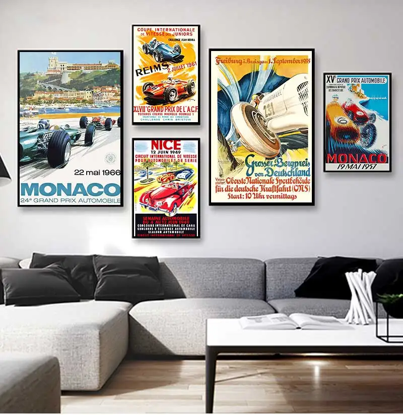 Vintage Car Racing Monaco Poster and Prints Wall Art Pictures Classic Grand Prix Retro Canvas Painting for Home Decor