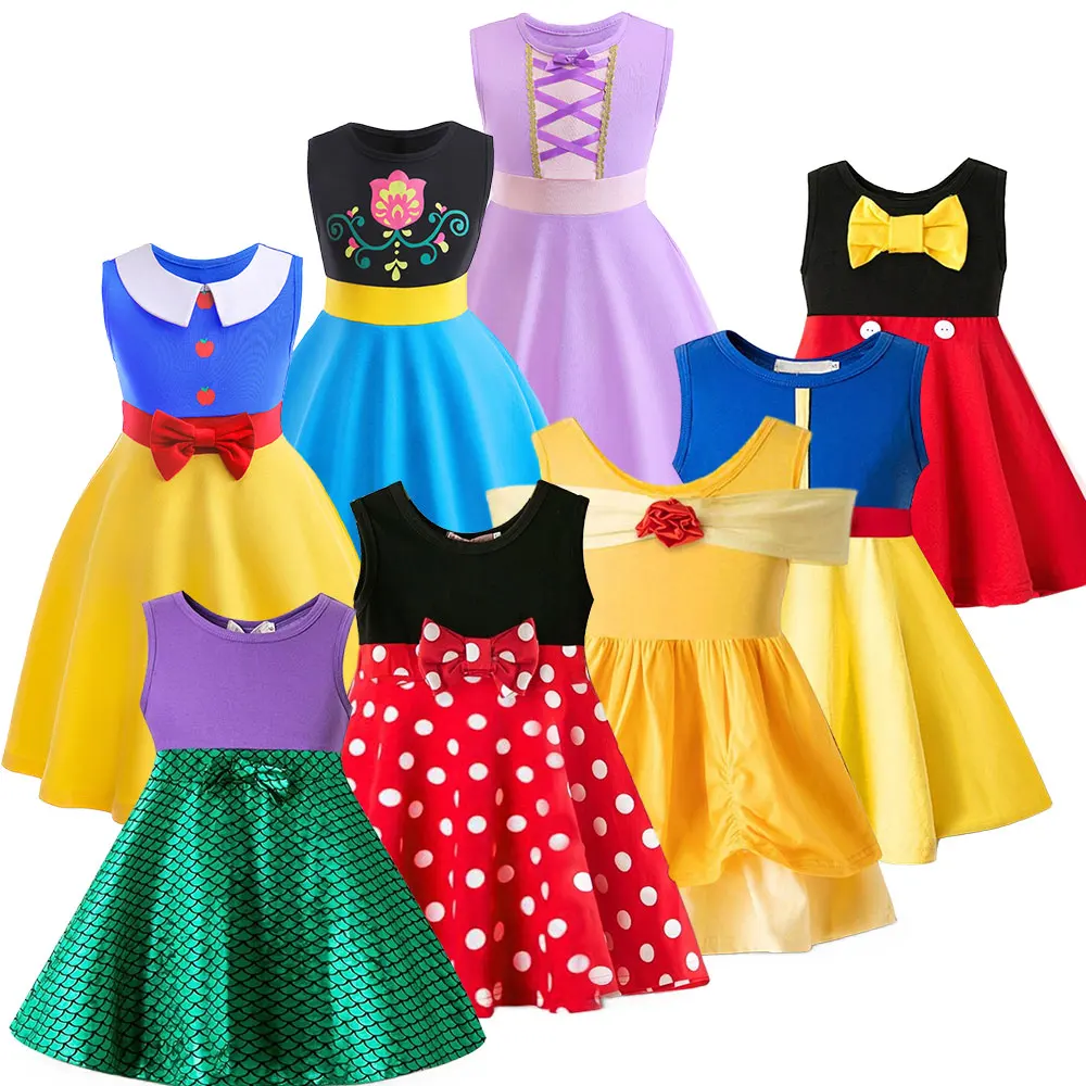 

Girls Princess Snow White&Belle Clothes Summer Little Mermaid Casual Bow Dress Baby Kid Role Play Birthday Mickey Mouse Vestidos