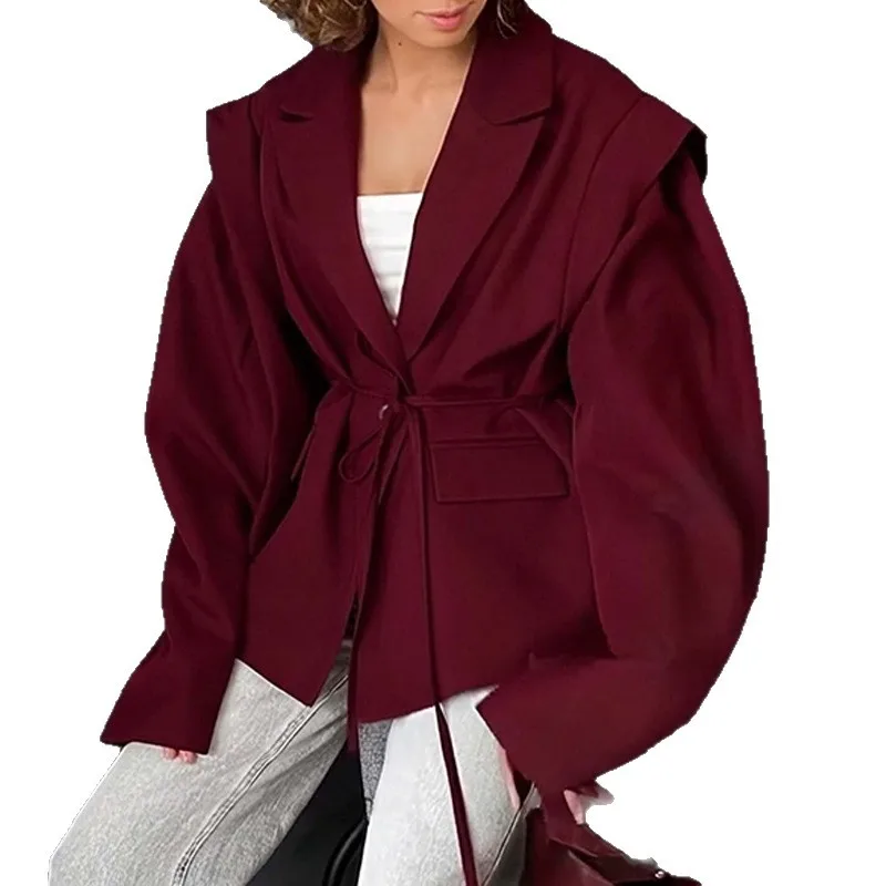 

New Fashion Waist-closing Lace-up Windbreaker Jacket Women In Winter Casual Loose Solid Color Suit Collar Cardigan For Women