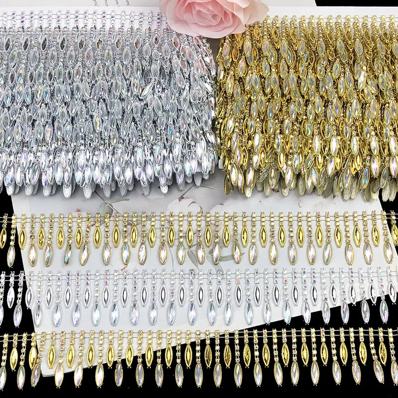 8 Yards 4cm Wide Teardrop Fringe Rhinestone Chain Gold/Silver Crystal Lace Trim Tassel Applique for Wedding Gown & DIY Projects
