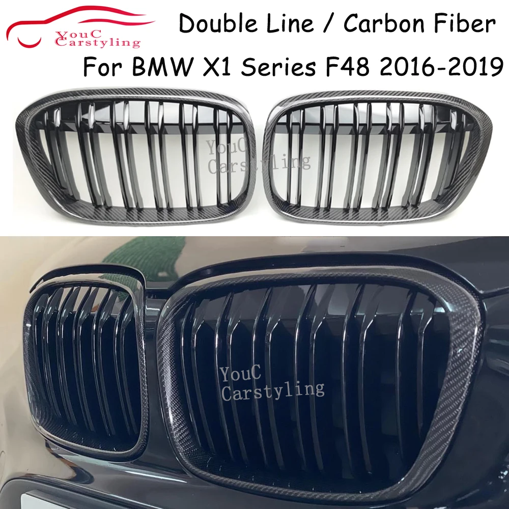 

F48 Real Carbon Fiber Dual Slat Grille Mesh Car Styling For BMW X1 Series F48 2016-2019 Pre-LCI Front Bumper Kidney Grills