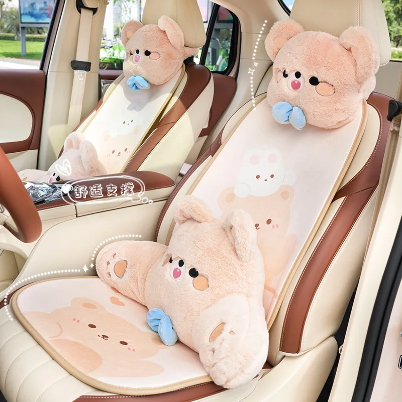 Car Neck Pillow Cute Plush Cartoon Bowknot Bear Travel Rest Cushion Neck Pillow Headrest Kawaii Car Interior Accessories