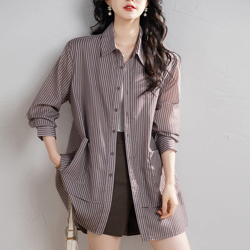 

Ранняя осень, повседневный полосатый длинный свек irt, большие размеры, женский модный свободный открытый кардиган с воротником, универсальный топ