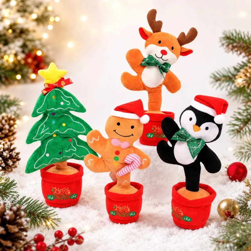 Christmas Interactive Electric Plush Doll Singing Dancing Recording Swinging Xmas Tree Elk Cactus Cartoon Toy Educational Decor