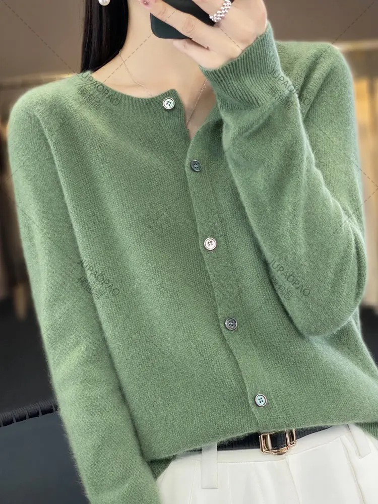 

Aliselect Long Sleeve Women Knitwear Cashmere Knit 100% Pure Merino Wool Spring Autume O-Neck Top Cardigan Sweater Clthing Coat