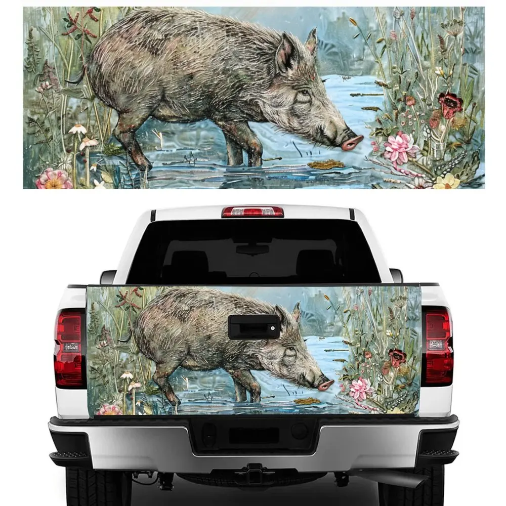 Wild Boars Foraging in The Lake Print Car Tail Trunk Protect Vinly Decal Auto Accessories Hood Decor Sticker for Off-road Pickup