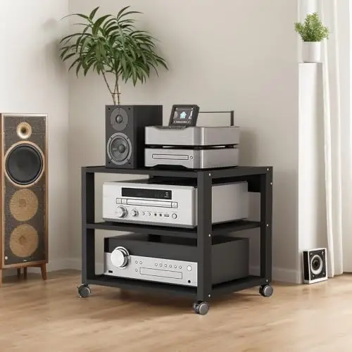 3 Tier Audio Rack AV Media Player Stand Stereo Cabinet | Floor-Standing CD DVD Record Player Stand, Movable Component