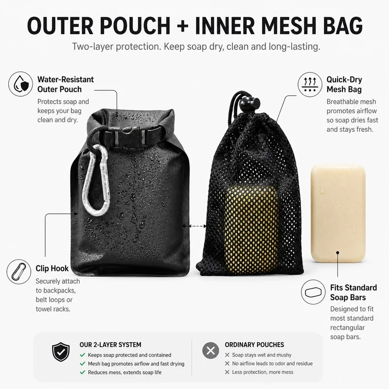 2-In-1 Travel Soap Bar Case Waterproof Soap Pouch With Quick Dry Mesh Bag Leakproof Soap Holder For Camping Gym Shower