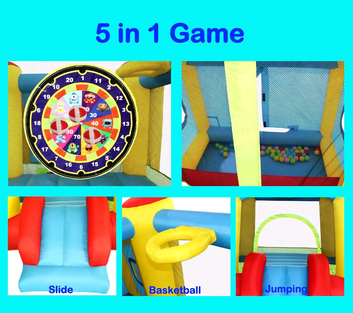 Casa de rebote inflable con soplador, tobogán de castillo para saltar, bóveda para niños con piscina de pelotas, llanta de baloncesto, juego de objetivo de dardos