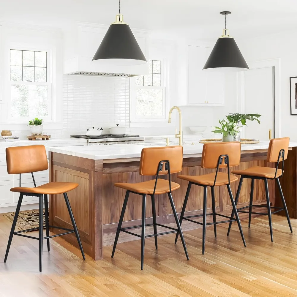 

Counter Height Bar Stools 24.5", Whiskey Brown Faux Leather Upholstered Barstools with Back Footrest and Metal Legs