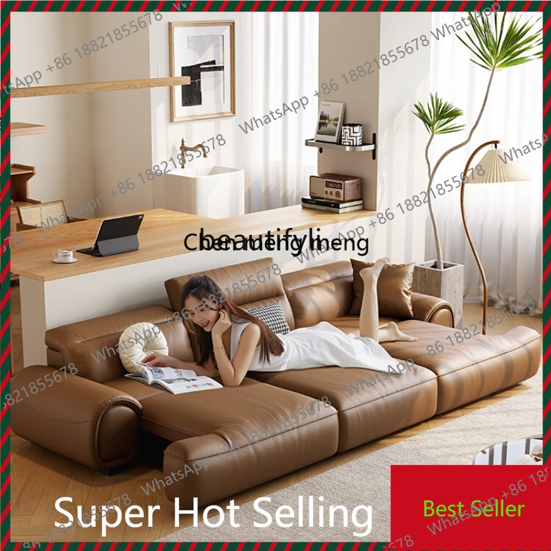 Leather Retractable Adjustable Electric Intelligent Function Sofa Bed Three-Four-Seat Dual-Use Straight Row