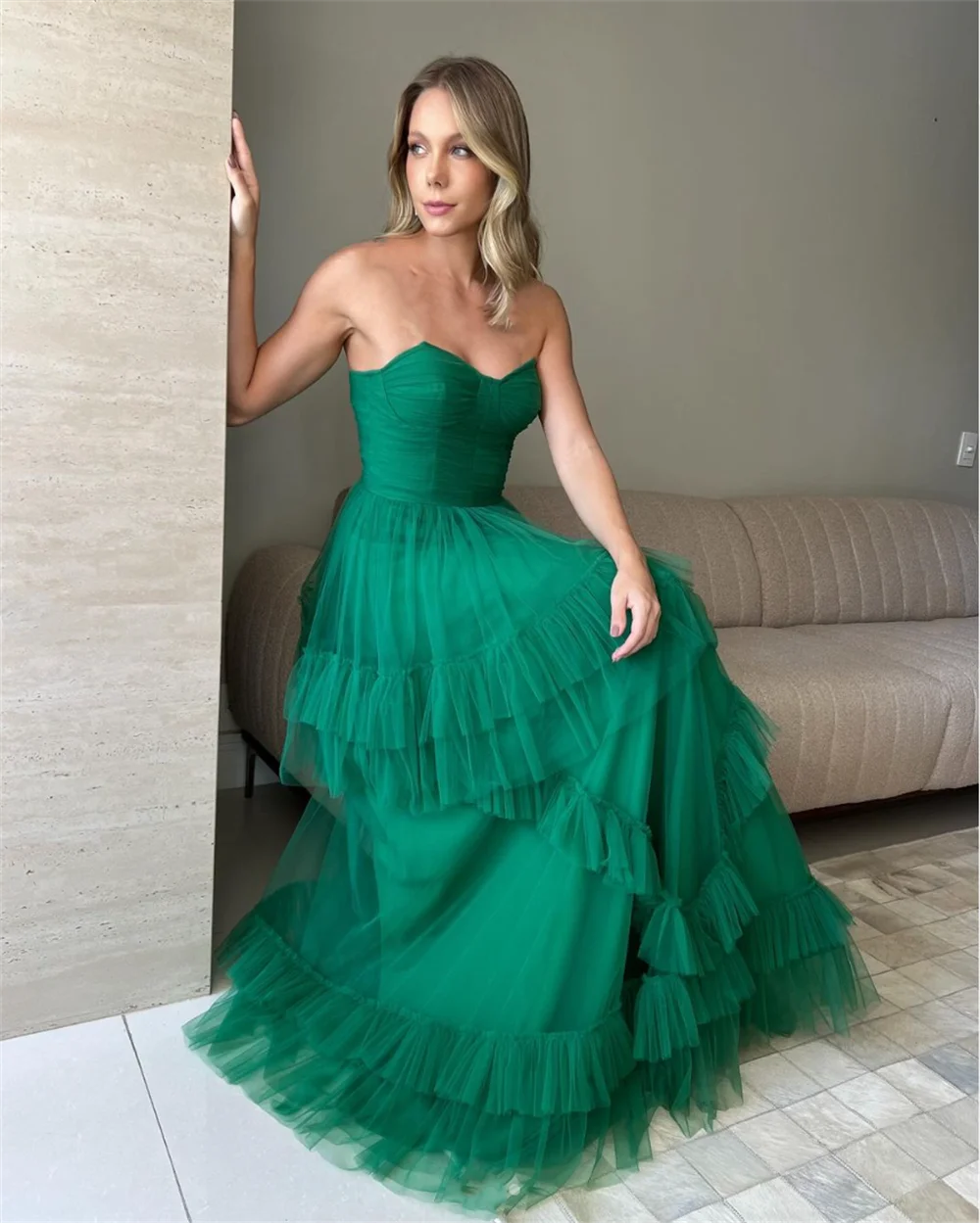 Annie Strapless Green Prom Dresses Tulle Layered Elegant Lady Evening Dresses A-Shape Wedding Party Dress Vestidos De Noche