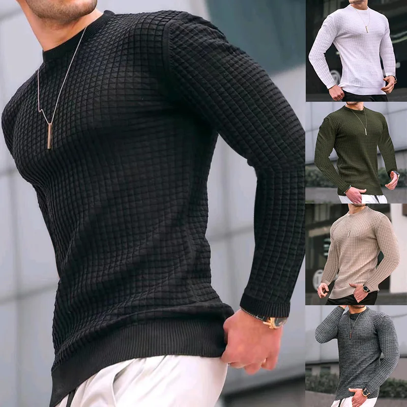 2024 Spring Foreign Trade Small Checkered Men's Trendy Round Neck Pullover Trendy Loose Knitted Long Sleeved Top for Men