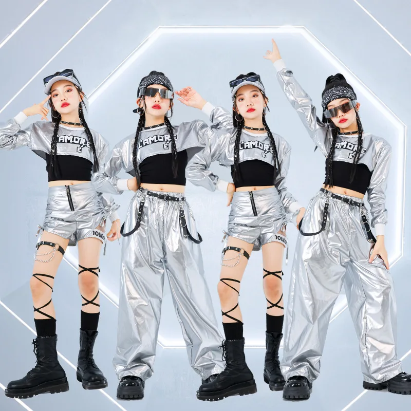 

Girls' Jazz Dance Performance Costume, Girl Group Hip-hop Cover Shirt, Silver Skin Street Dance Set,girls' Runway Fashion Outfit
