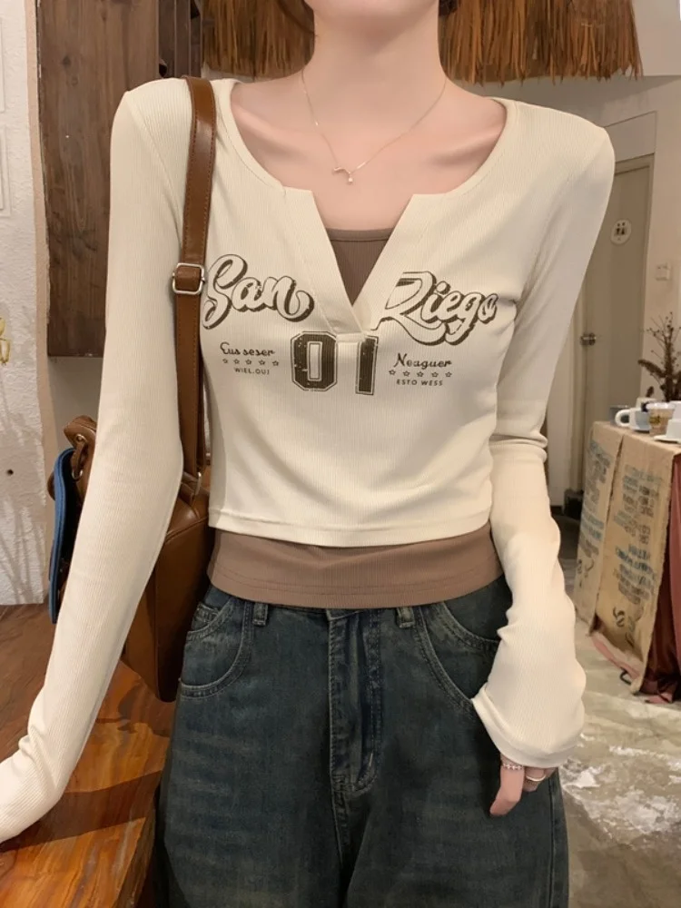 Retro American Print Color Block Long Sleeve T-Shirt Women's Slim Short Style Hot Girl Base Layer Inner Wear Top for Autumn