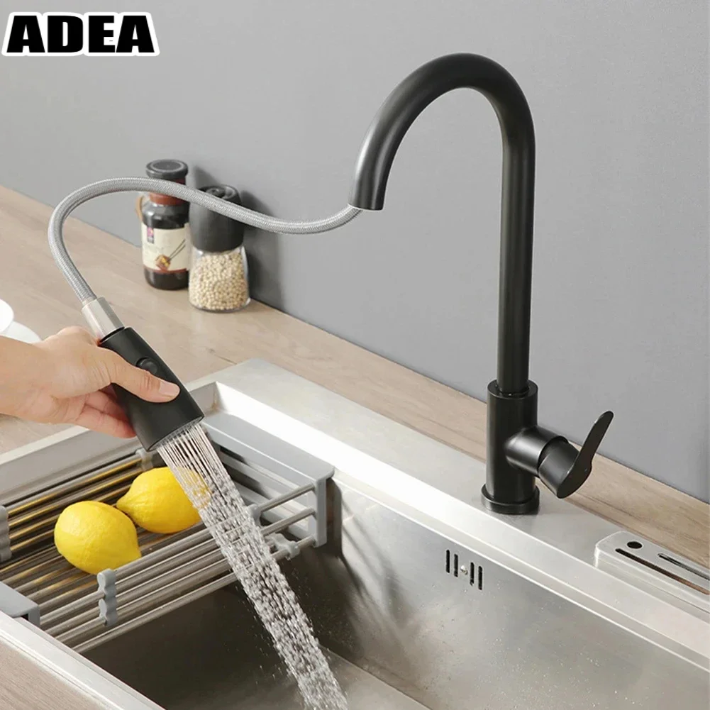 Adea Kitchen Faucets Brushed Nickel Pull Out Sink Water Tap Deck Mounted Mixer Stream Sprayer Hot Cold Taps Sliver