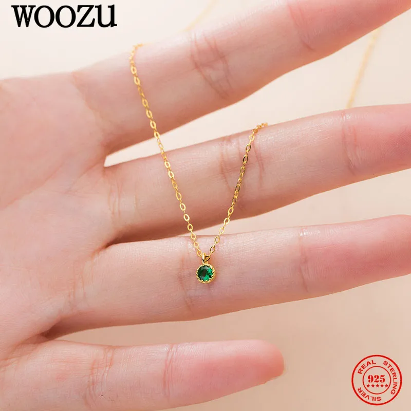 WOOZU Real 925 Sterling Silver Simple Round Green Zircon Pendant Necklaces For Women Korean Wedding Engagement Fine Jewelry Gift