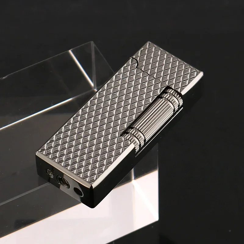 Grinding Wheel Side Slide Tilt Flame Butane Gas Lighter, High Quality Metal Embossed Open Flame Lighters, Cigarette Accessories