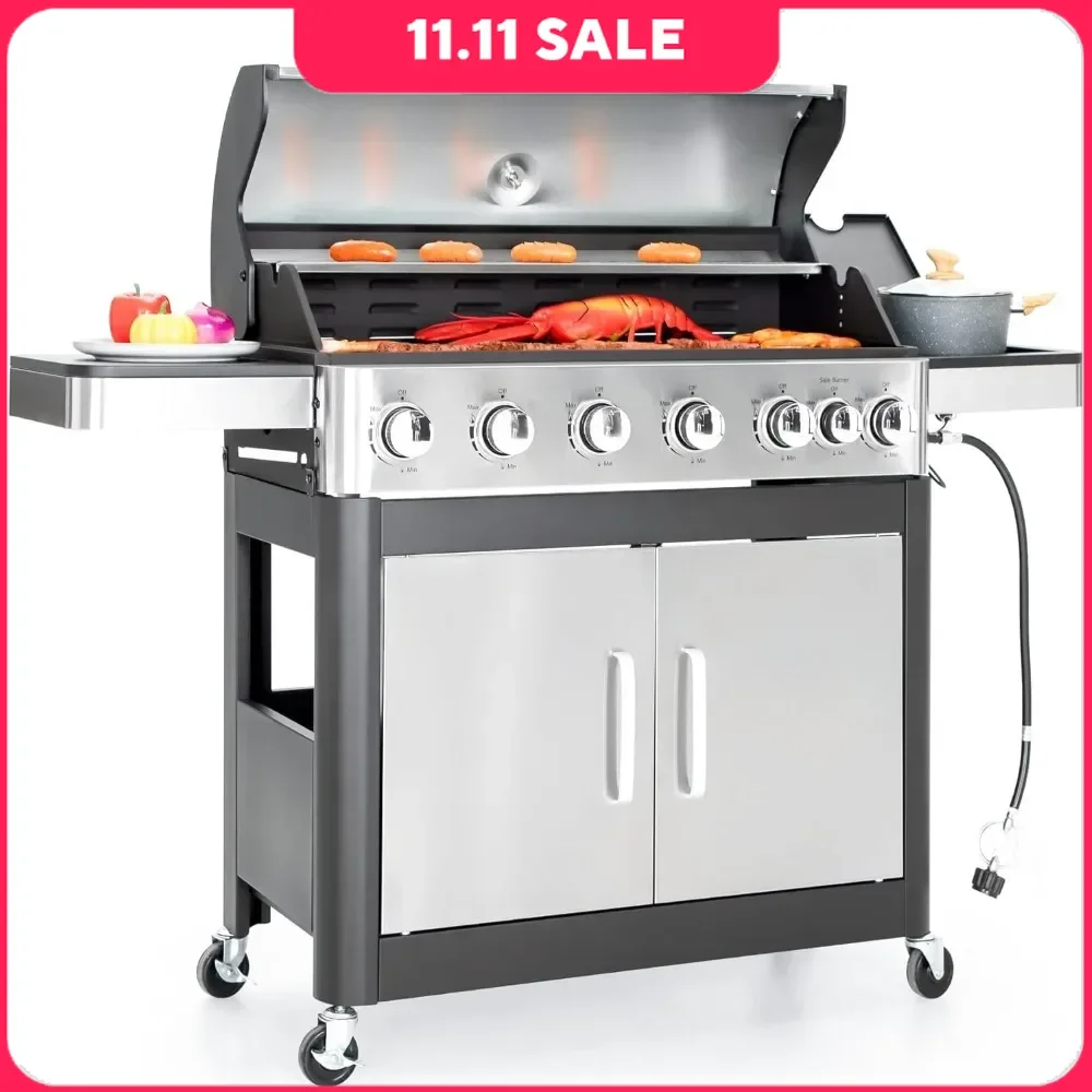 Gas Grill 6 Burner with Side Burner & Porcelain-Enameled Cast Iron Grate, 65,800 BTU Output,665 SQ.IN. Cooking Area, BBQ Grill