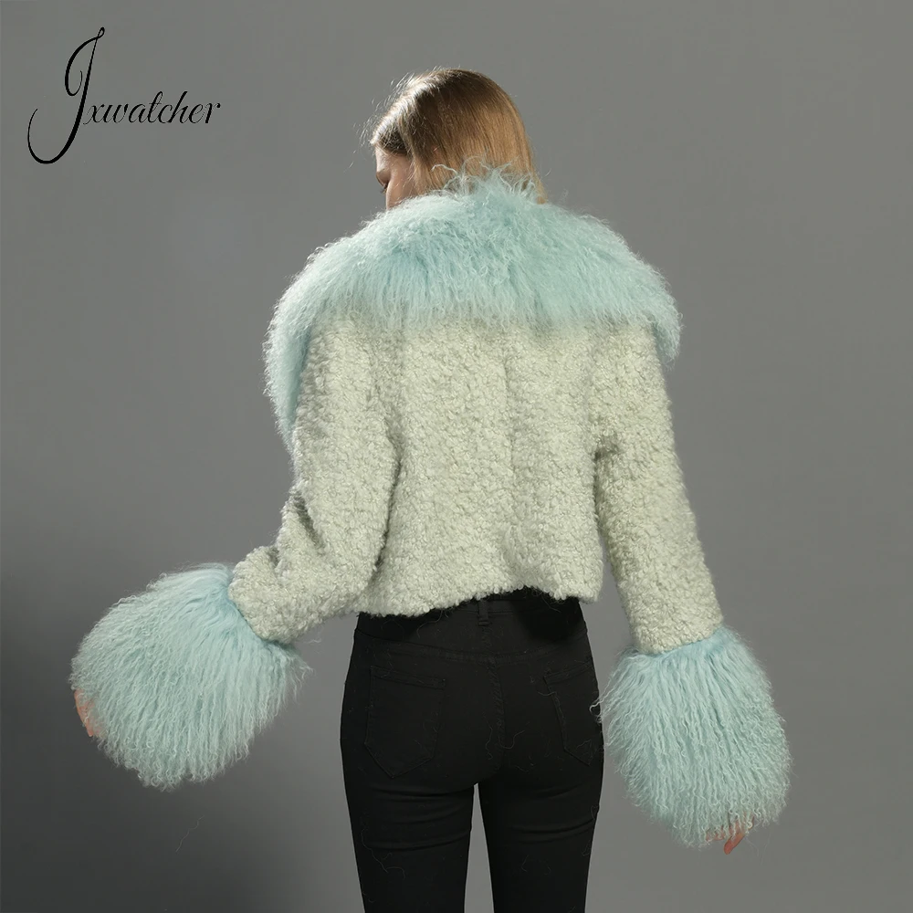 Jxwatcher Wool Coat for Women Real Mongolian Fur Collar Cuffs Winter  Fashion Solid  Color Tweed Cropped Jacket Fall New Arrival