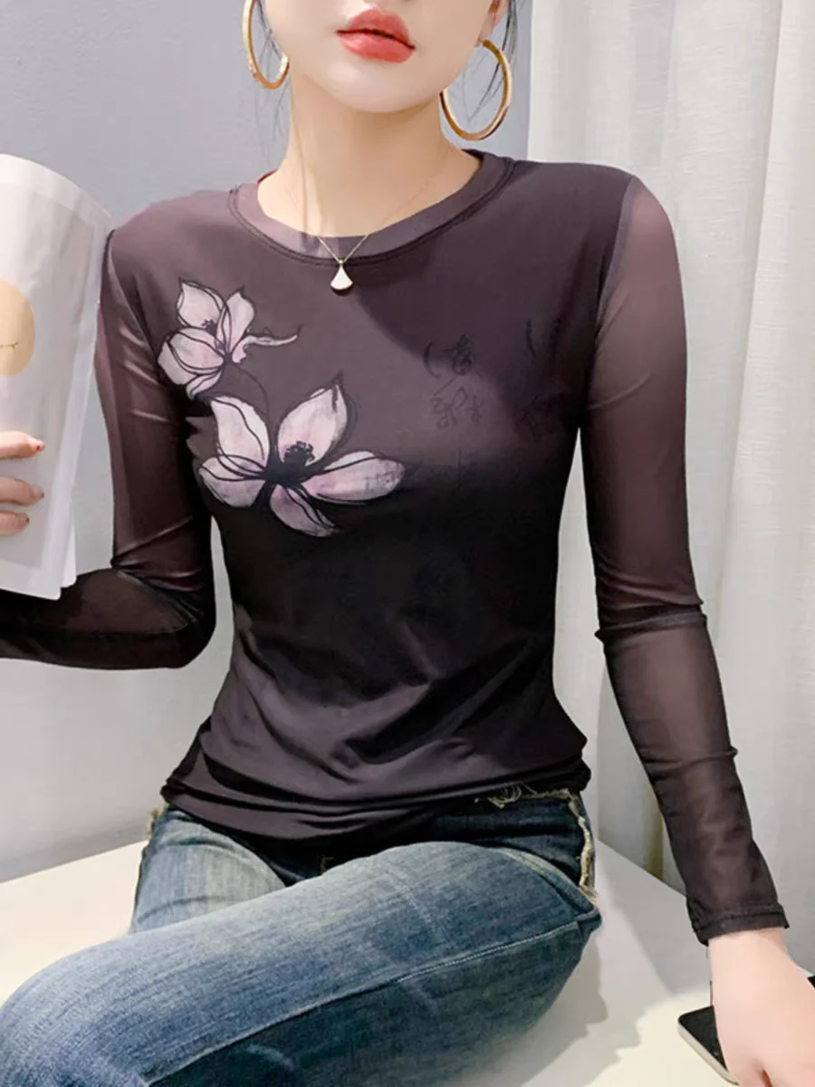 Camisetas ajustadas con estampado Floral Vintage para mujer, Tops altos de cuello redondo, ropa de ocio callejero